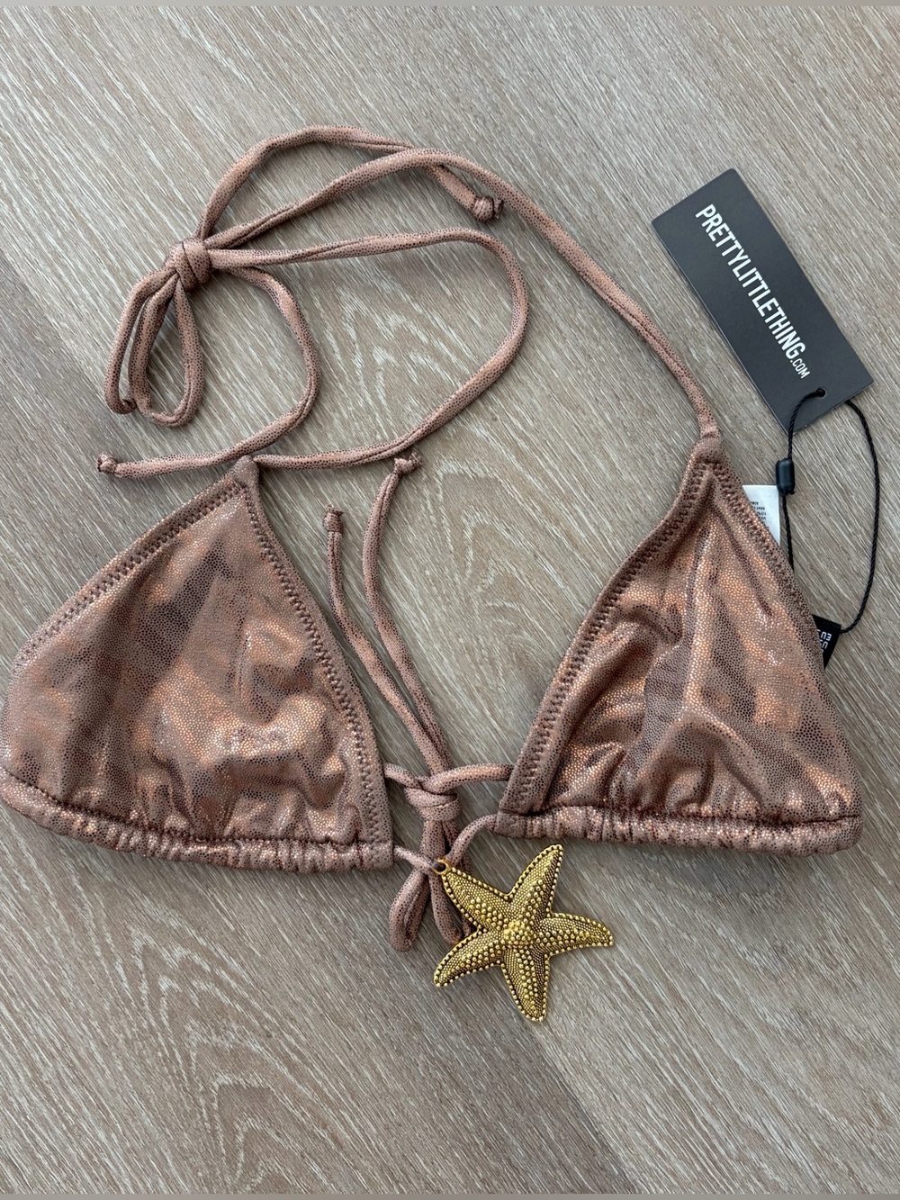 PrettyLittleThing Metallic Rose Gold Triangle Bikini Top with Starfish Charm